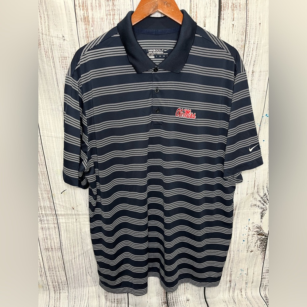 Men's Ole Miss Nike Golf Polo Shirt 2XL Navy Blue Striped Dri-Fit Short Sleeve
